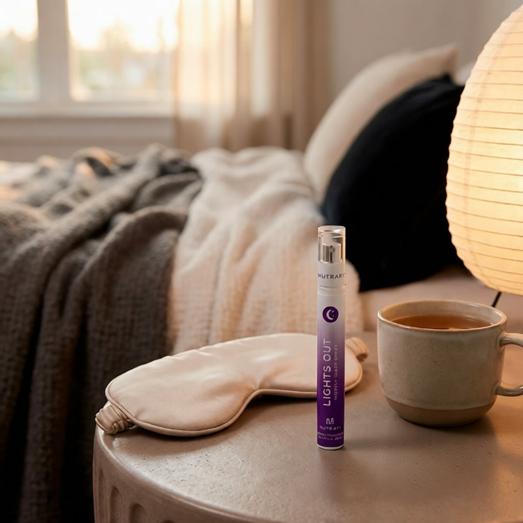 NutraFi Lights Out bottle with a sleep mask and coffee cup on a nightstand in a bedroom setting